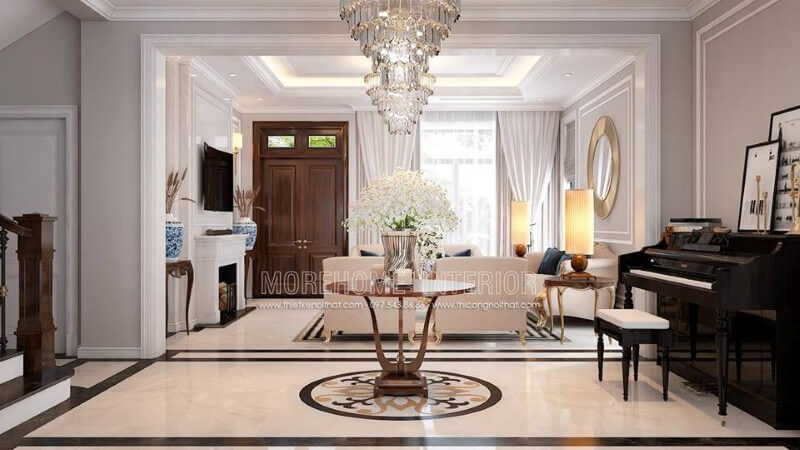 Sảnh phòng khách ấn tượng với bàn trang trí và không gian để bàn piano đẹp sang trọng. Mẫu nội thất biệt thự đẹp