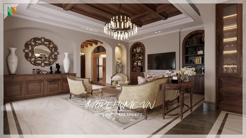 Bộ sofa phòng khách bằng gỗ óc chó phong cách tân cổ điển cho phòng khách chung cư, nhà phố, biệt thự sang trọng