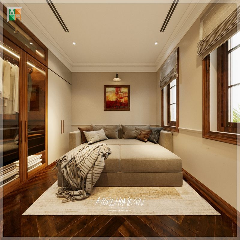 Giường ngủ bọc nệm êm ái mang đến cảm giác dễ chịu ấn tượng khi bước chân vào căn phòng.