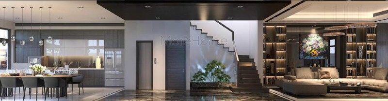 Bố trí nội thất biệt thự, nhà phố hiện đại, sang trọng với ý tưởng thiết kế phòng khách liền phòng bếp, ăn.