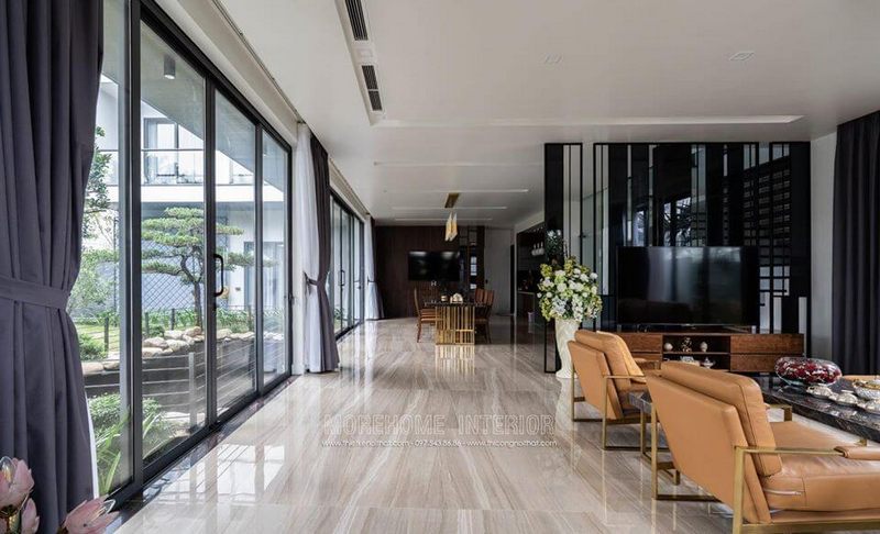 Bố trí không gian phòng khách kết nối với phòng bếp hiện đại