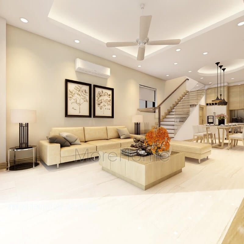 Mẫu sofa phòng khách gỗ bọc da tông màu kem sáng hiện đại kết hợp vàn trà độc đáo là điểm nhấn của không gian phòng khách