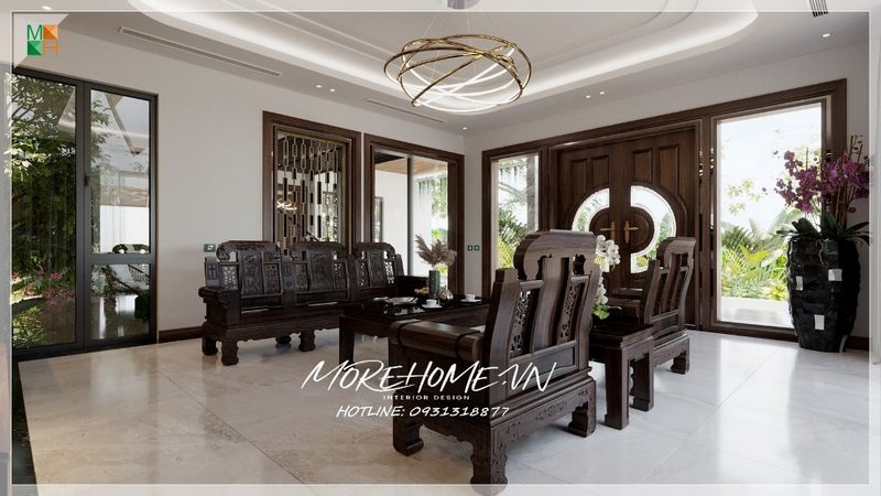Bộ bàn ghế gỗ tự nhiên hiện đại sang trọng, quyền quý bởi những chi tiết chạm khắc tỉ mỉ thẩm mỹ
