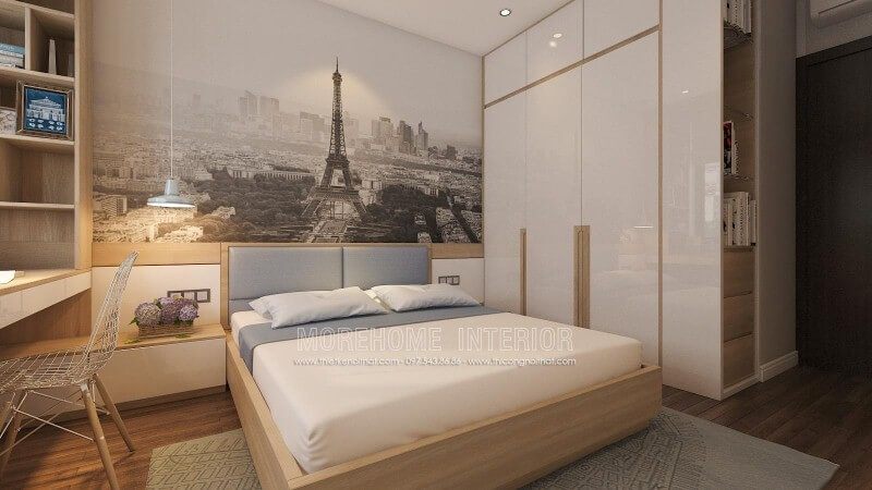 Giường bọc nệm hiện đại, tủ quần áo gỗ công nghiệp tối giản, đèn thả cùng tab đầu giường làm kệ đã tạo nên một bức tranh nội thất phòng ngủ đẹp, hiện đại nhưng vẫn đầy tiện nghi.